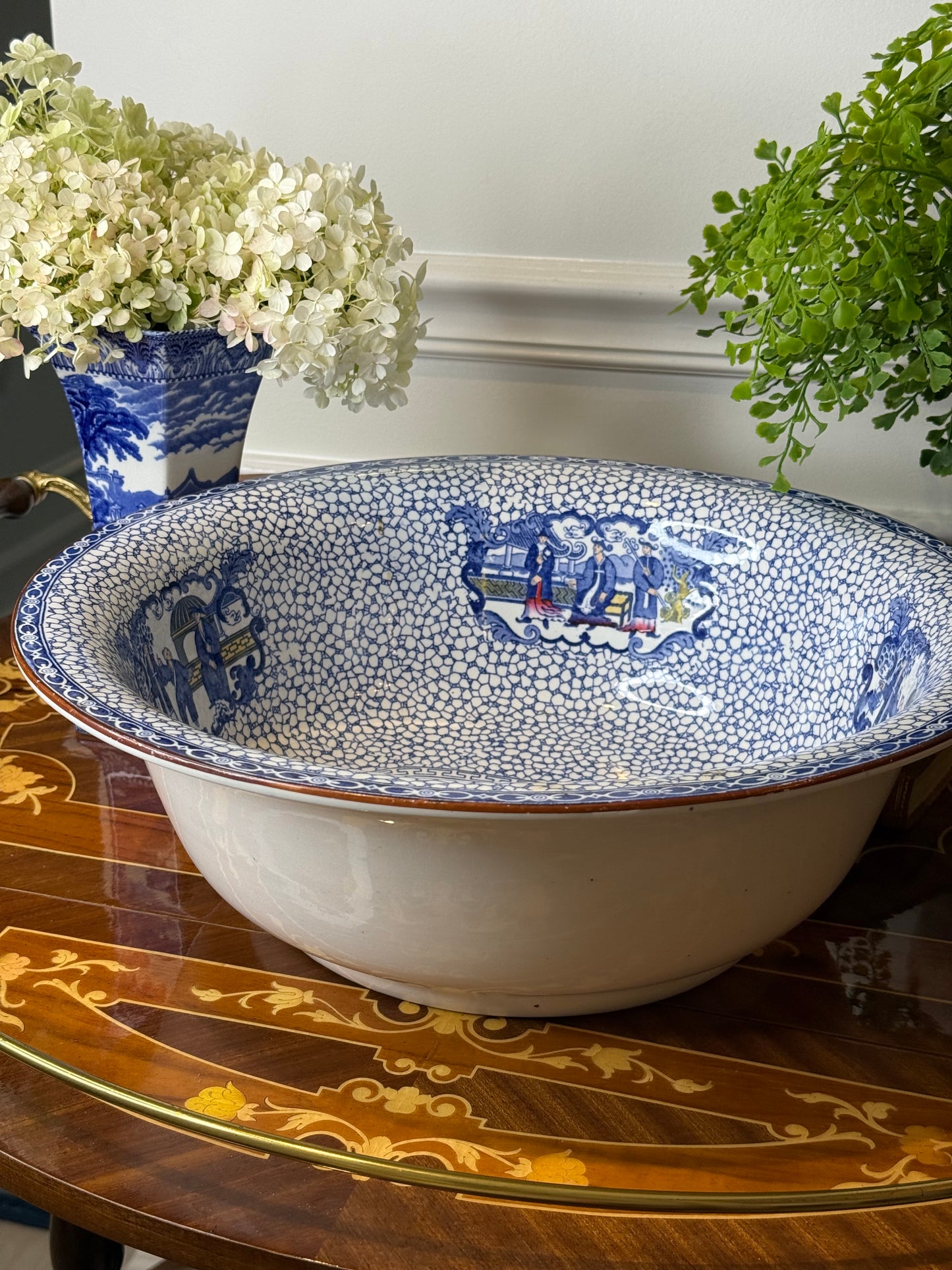 Antique Adams Chinese Bird Wash Basin | Large Blue & White English Transferware Bowl | 15”