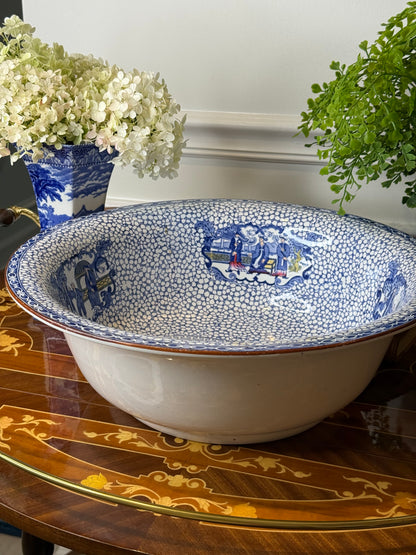 Antique Adams Chinese Bird Wash Basin | Large Blue & White English Transferware Bowl | 15”
