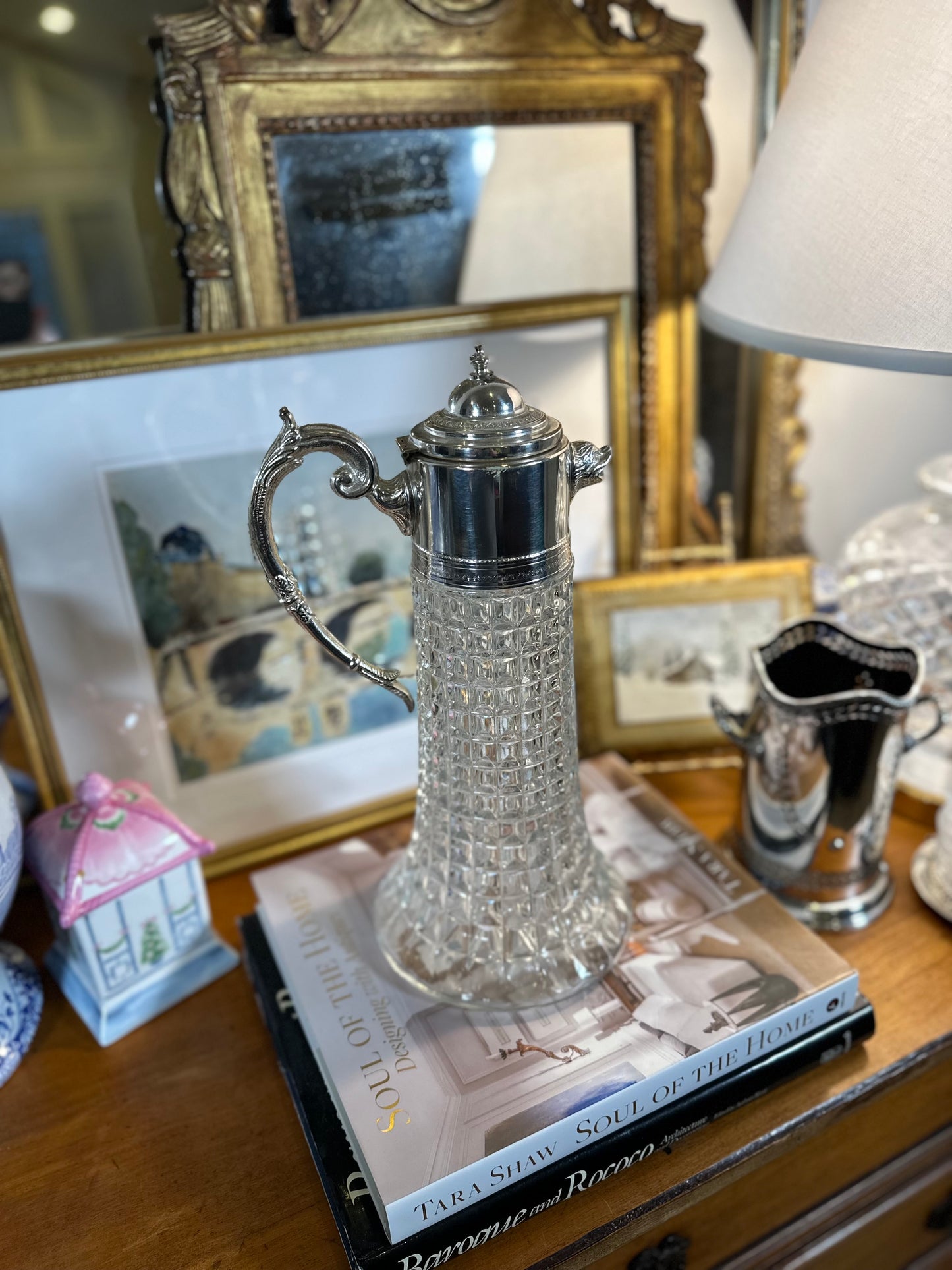 Vintage Silver-Plate & Cut Crystal Claret Jug (Mid-20th Century), 14"