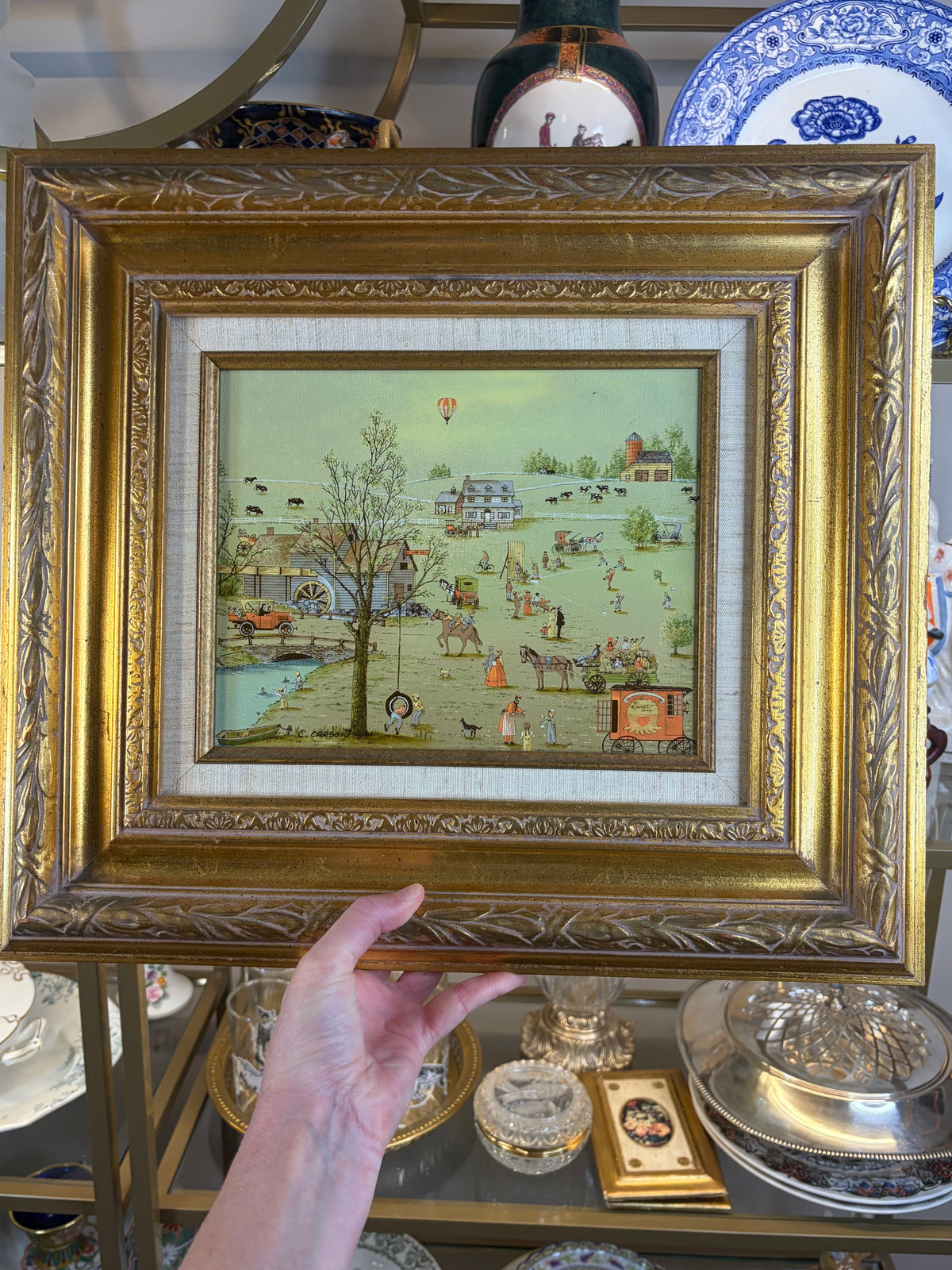 Beautiful framed C Carson folk art serigraph in gold frame!