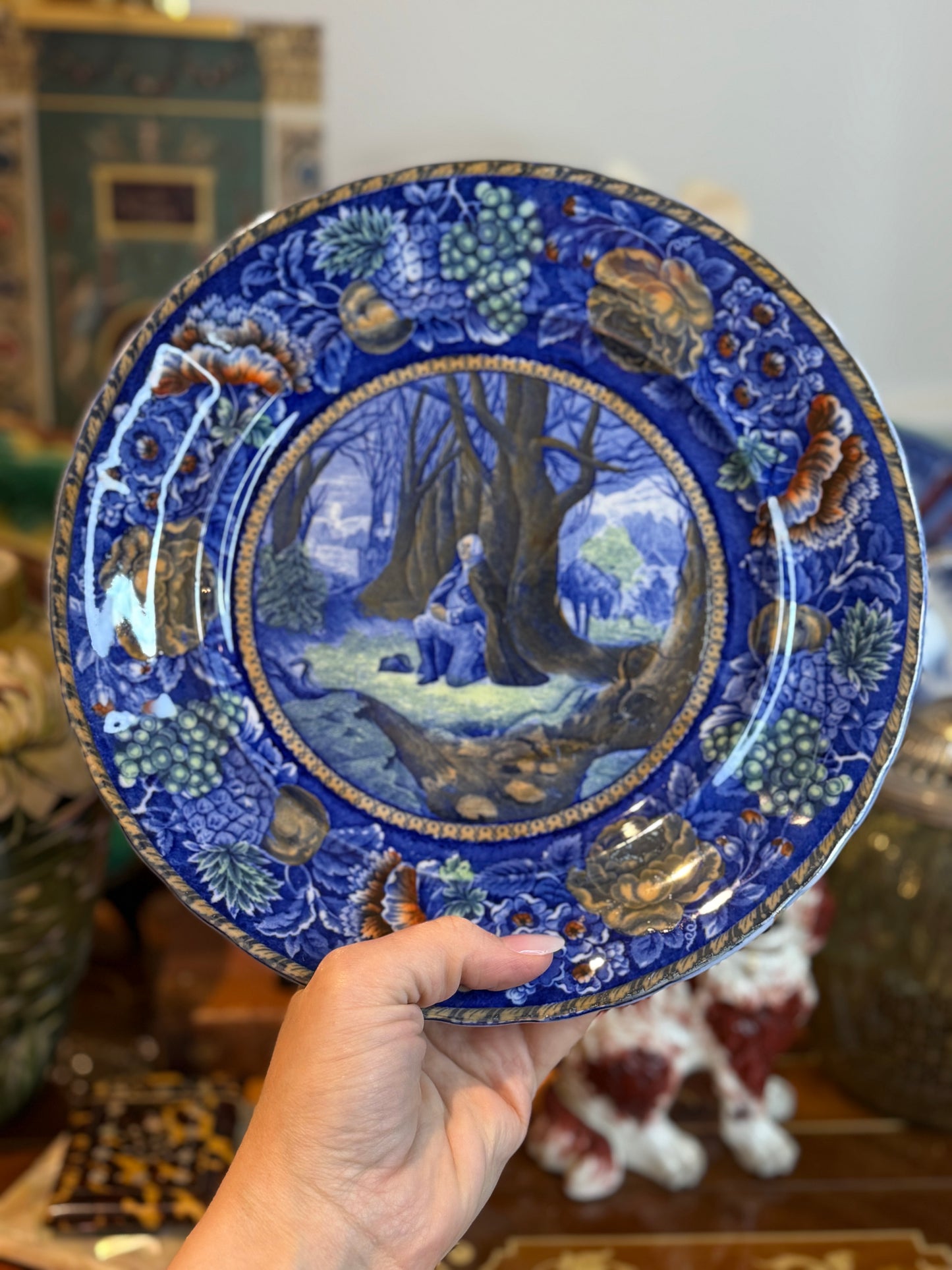Historical Pottery Staffordshire “Washington’s Prayer at Valley Forge” Blue Transferware & Copper Luster Plate 10.25”
