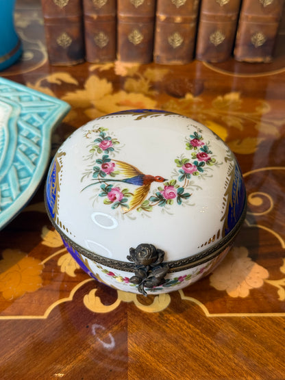Vintage Limoges France Hand-Painted Trinket Box | Cobalt Blue & Gold with Bird and Floral Motif | 5” Diameter | #DA4364