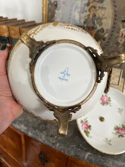 Antique French Porcelain Covered Bonbonnière with Hand-Painted Cherubs & Gilt Mounts - Signed