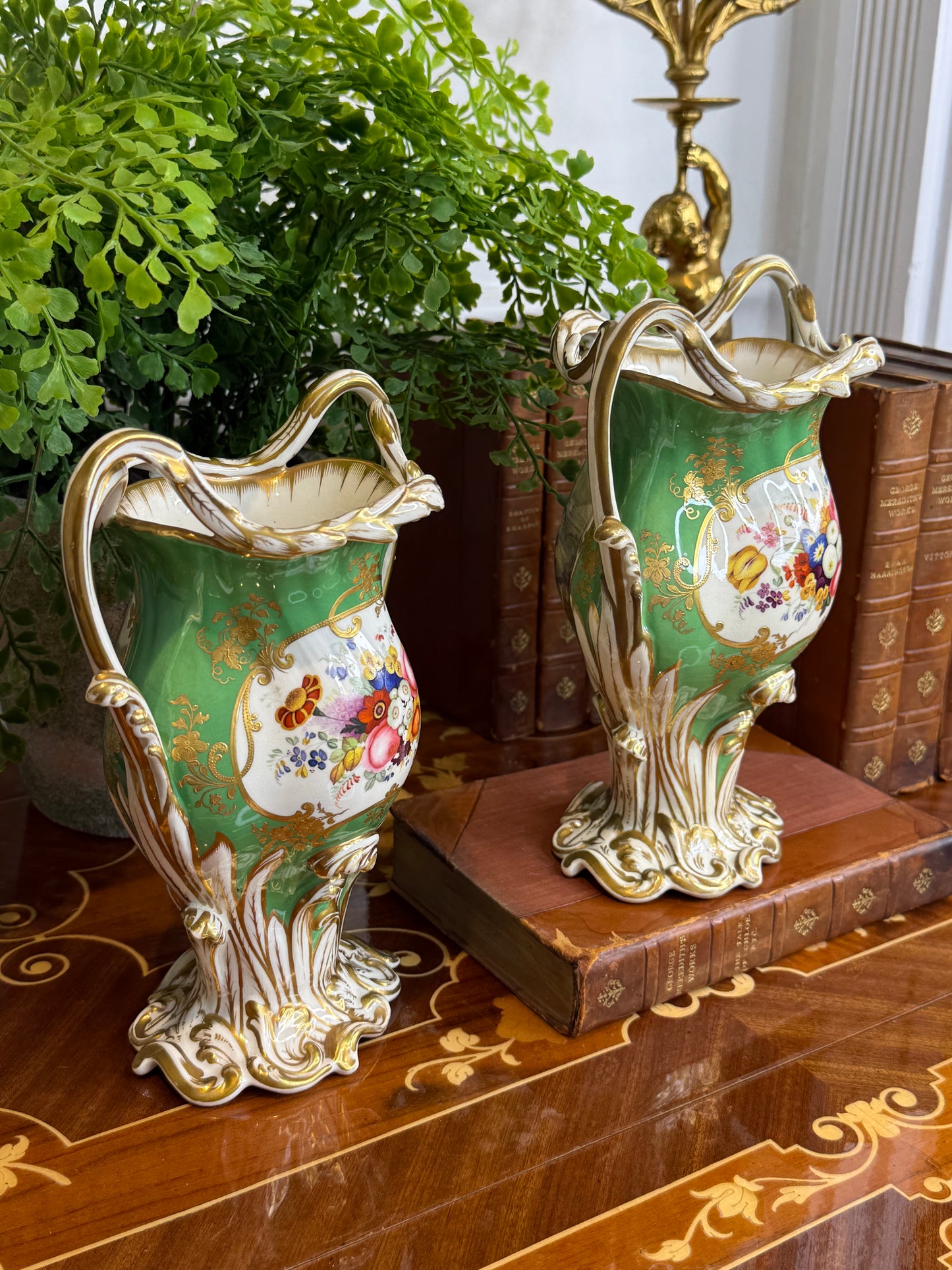 Rare Antique Pair of H.& R. Daniel Apple Green Scenic Vases | Named Views of Attingham Park, Shropshire | English Porcelain | c. 1840 | 8.5"H x 6.5"W x 4" | Style DA4447 (Copy)