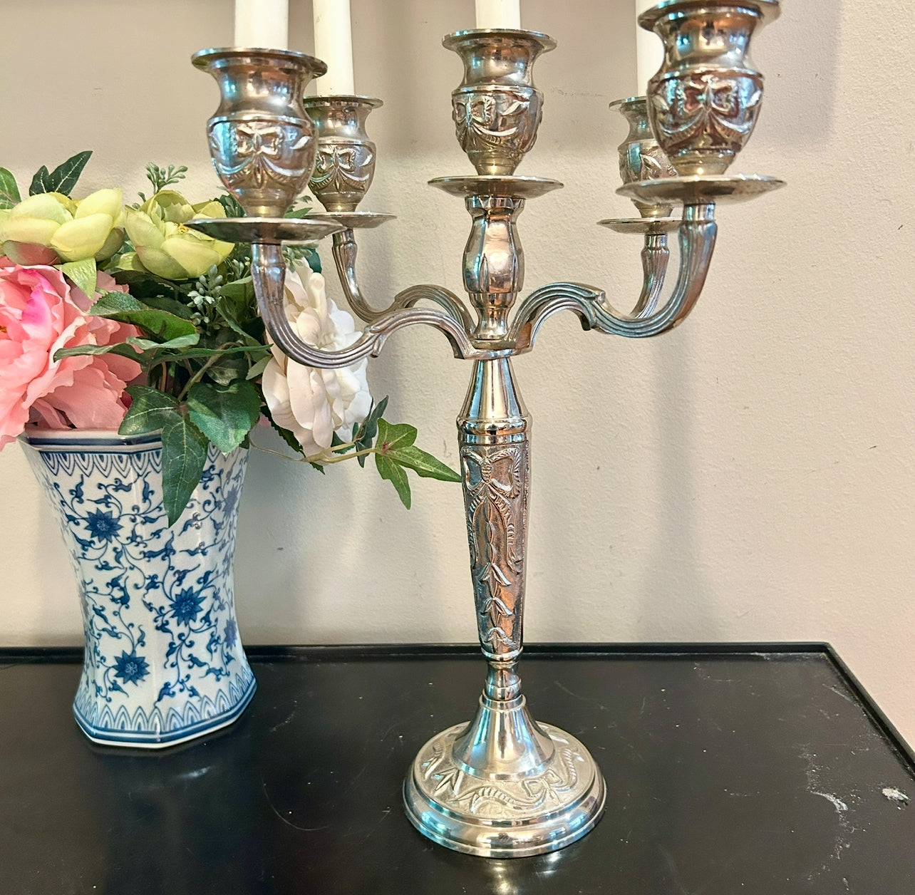 Single spectacular heavy silver plate bow & baroque triple candelabra
