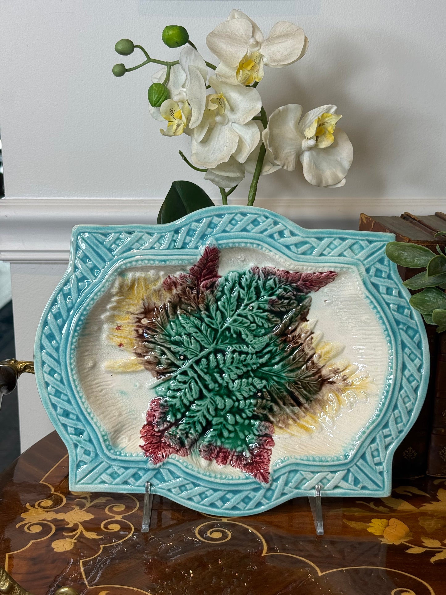 Antique French Majolica Fern & Leaf Serving Platter | Turquoise Basketweave Border | Victorian Faience | DA4528