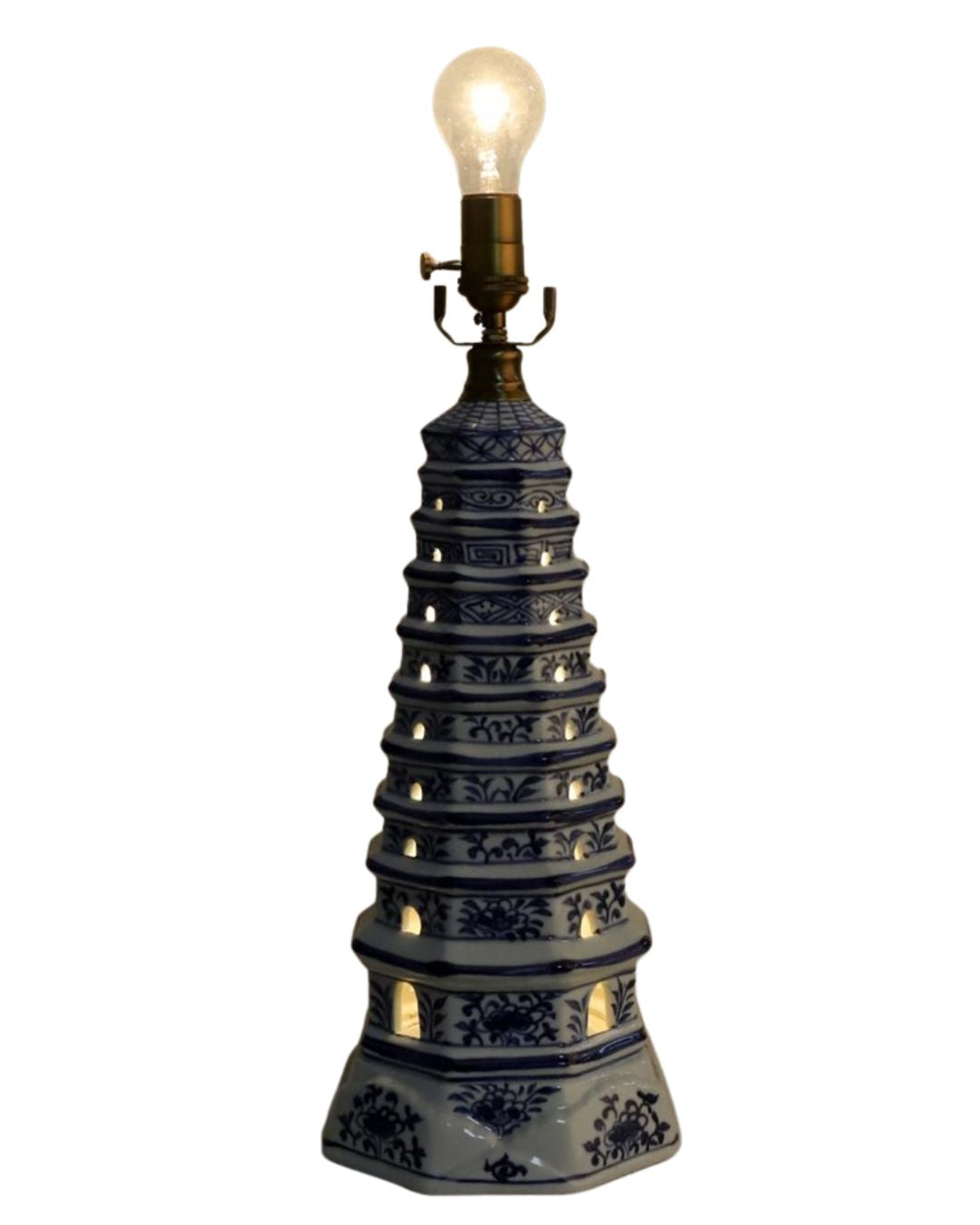 Danny’s Fine Porcelain: Blue & White Porcelain Pagoda Lamp | Dual-Light Illuminated Base | 30” Table Lamp