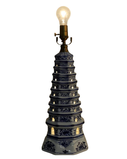 Danny’s Fine Porcelain: Blue & White Porcelain Pagoda Lamp | Dual-Light Illuminated Base | 30” Table Lamp