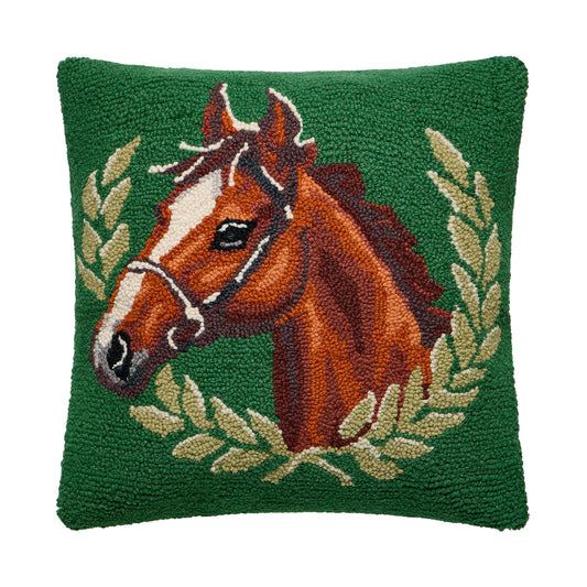 Polo Horse Wool Hooked Throw Pillow | 14" x 14" Equestrian Accent Pillow