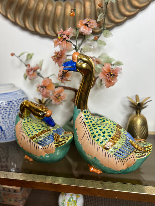 Gorgeous Gold Detailed Large Pair of Kutani Chinoiserie Andrea by Sadek Hand Painted Geese