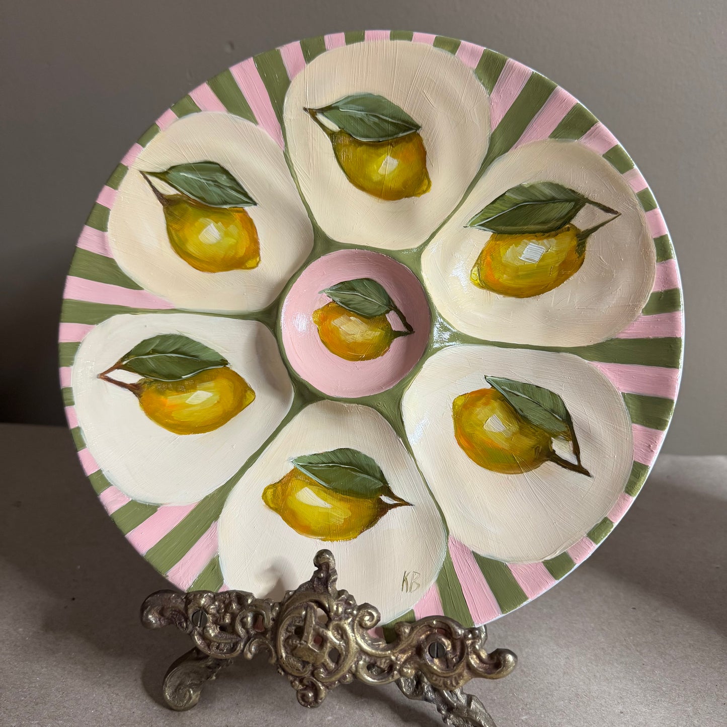 Lemon pink and green stripes oyster plate hand painted
