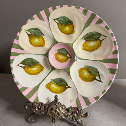 Lemon pink and green stripes oyster plate hand painted