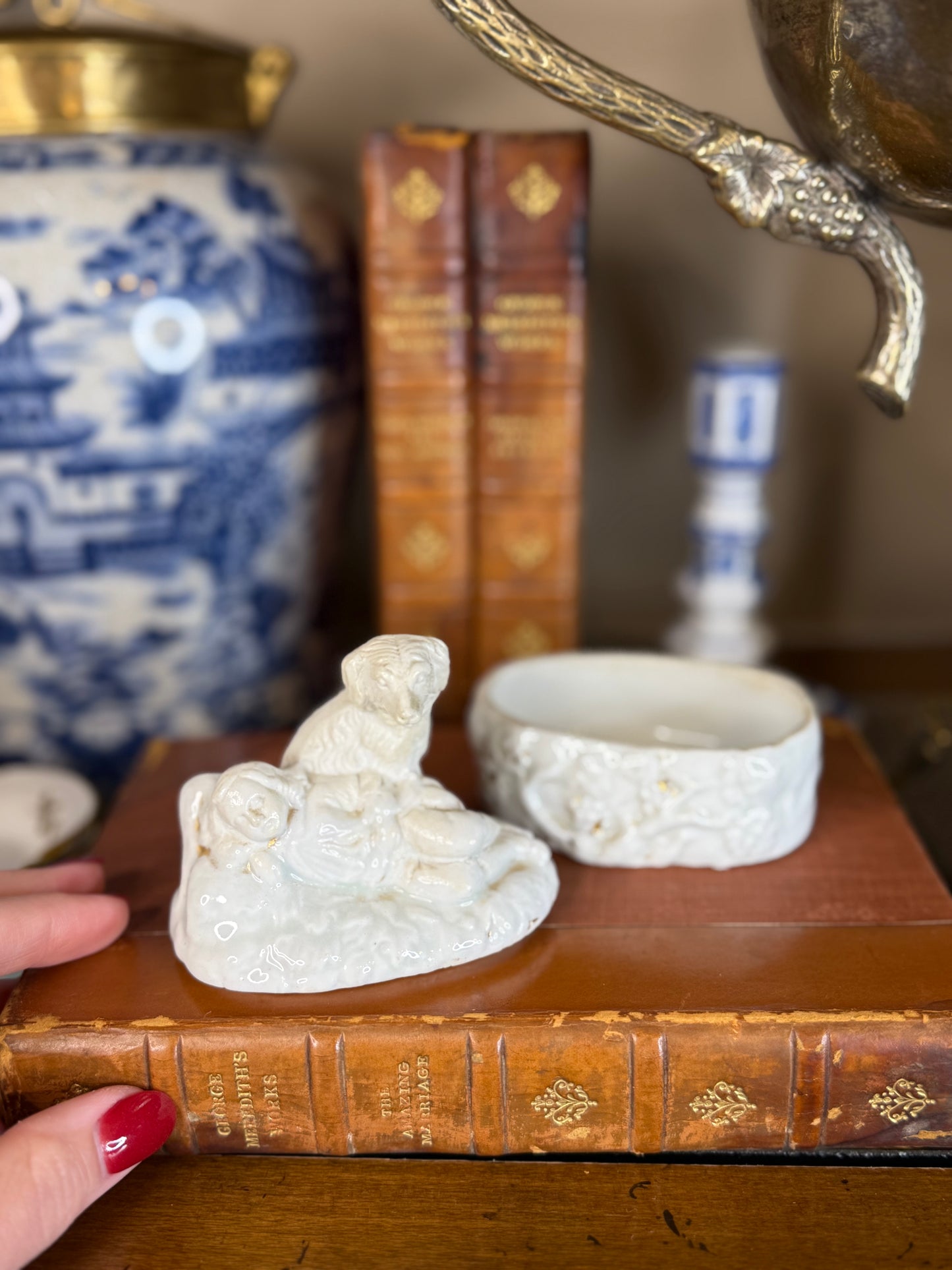Antique Staffordshire-Style Spaniel & Child Box | c. 1850–1870