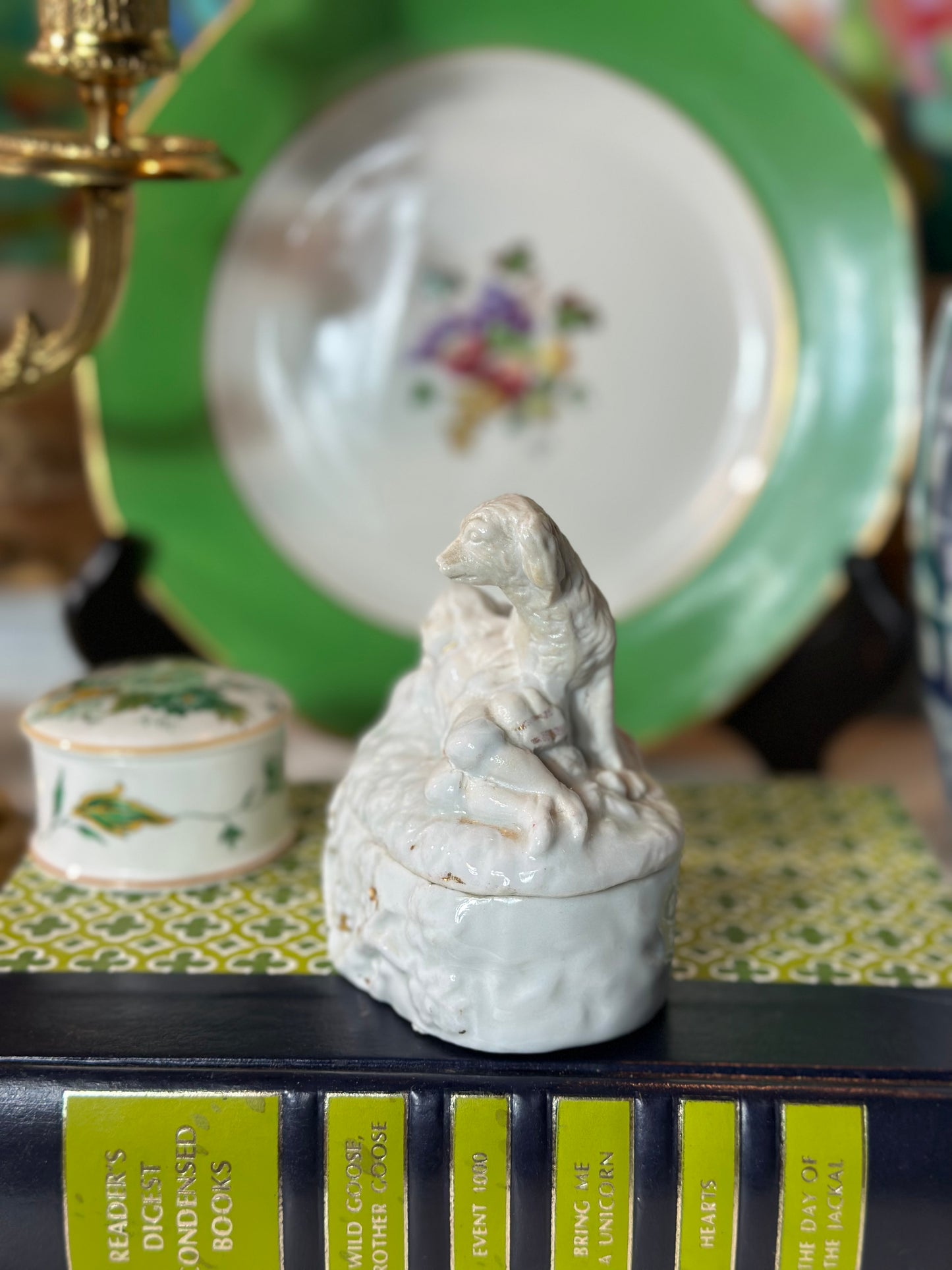 Antique Spaniel Porcelain Trinket Box, 3.5” - Excellent!