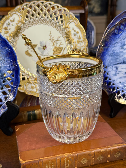 Cut Crystal Ice Bucket with Gilt Metal Mounts & Ladle | Clear & Gold | Vintage | 6” H × 7” W | #DA4598