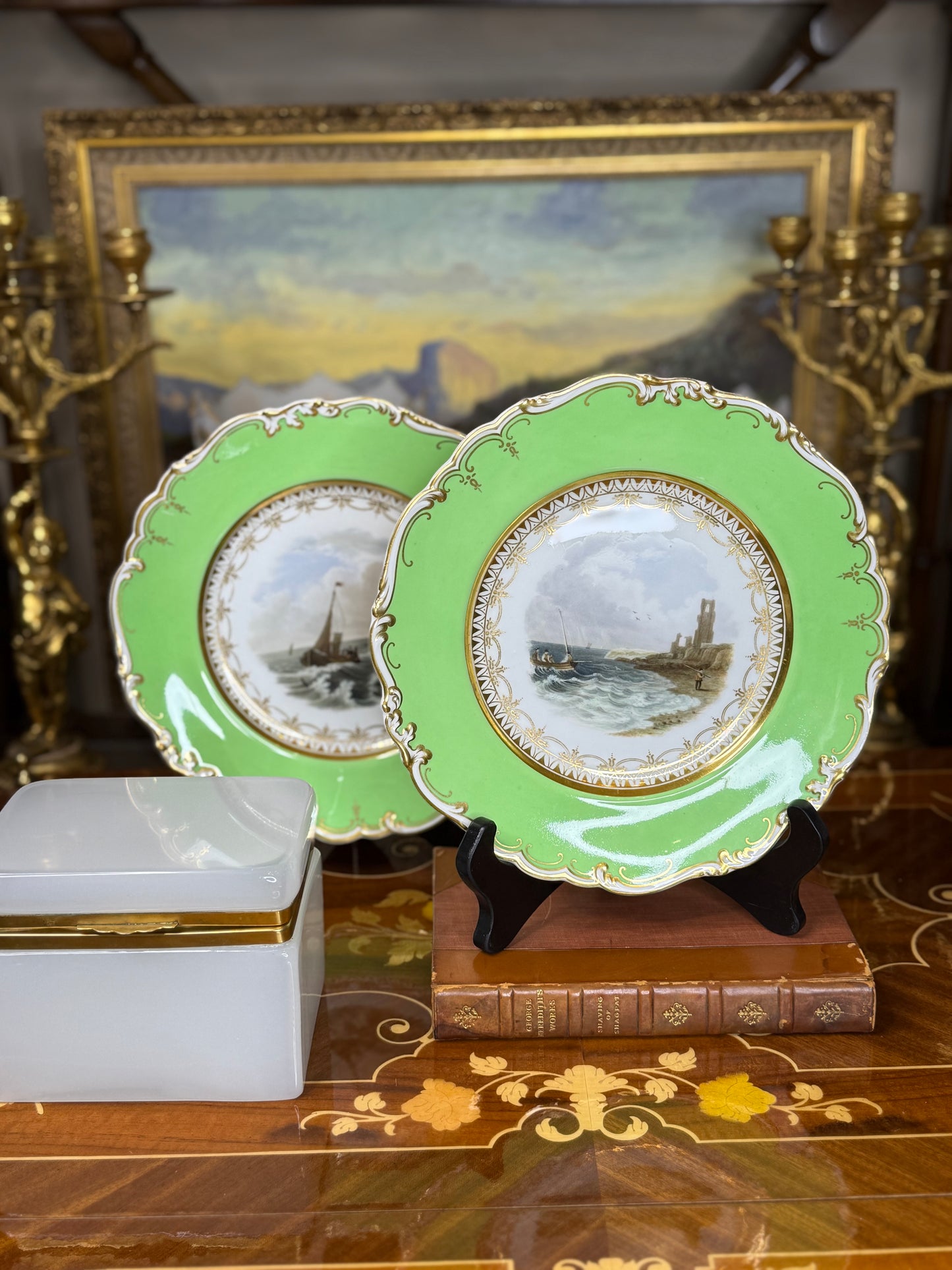 Pair of Ridgway Seascape Plates, c. 1870 | Green-Ground with Gilt, 9” Diameter