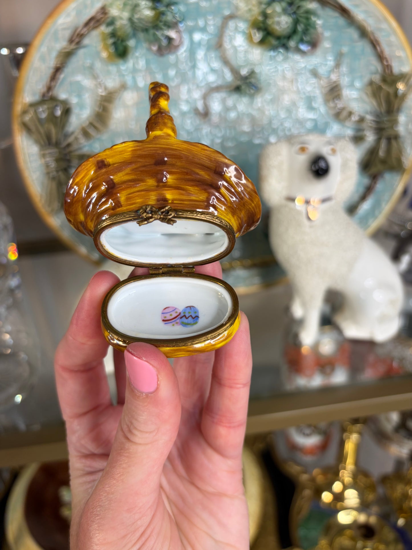 Sweetest Limoges bunny in a basket with eggs trinket box!