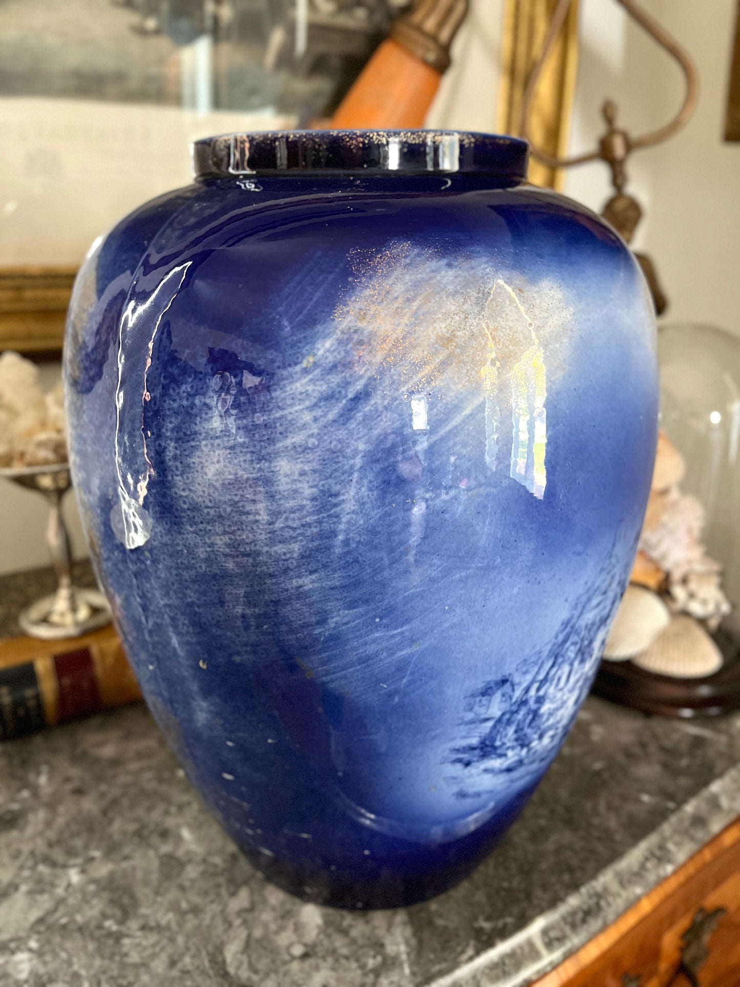 Live 08/28 Rare Antique Doulton Burslem England Extra Large Blue & White Transferware Vase | Late 1800s