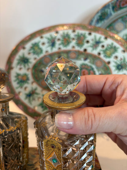 Spectacular Bohemian Cut Glass Perfume Bottles with Gilt enameling and Colorful Cobuchons
