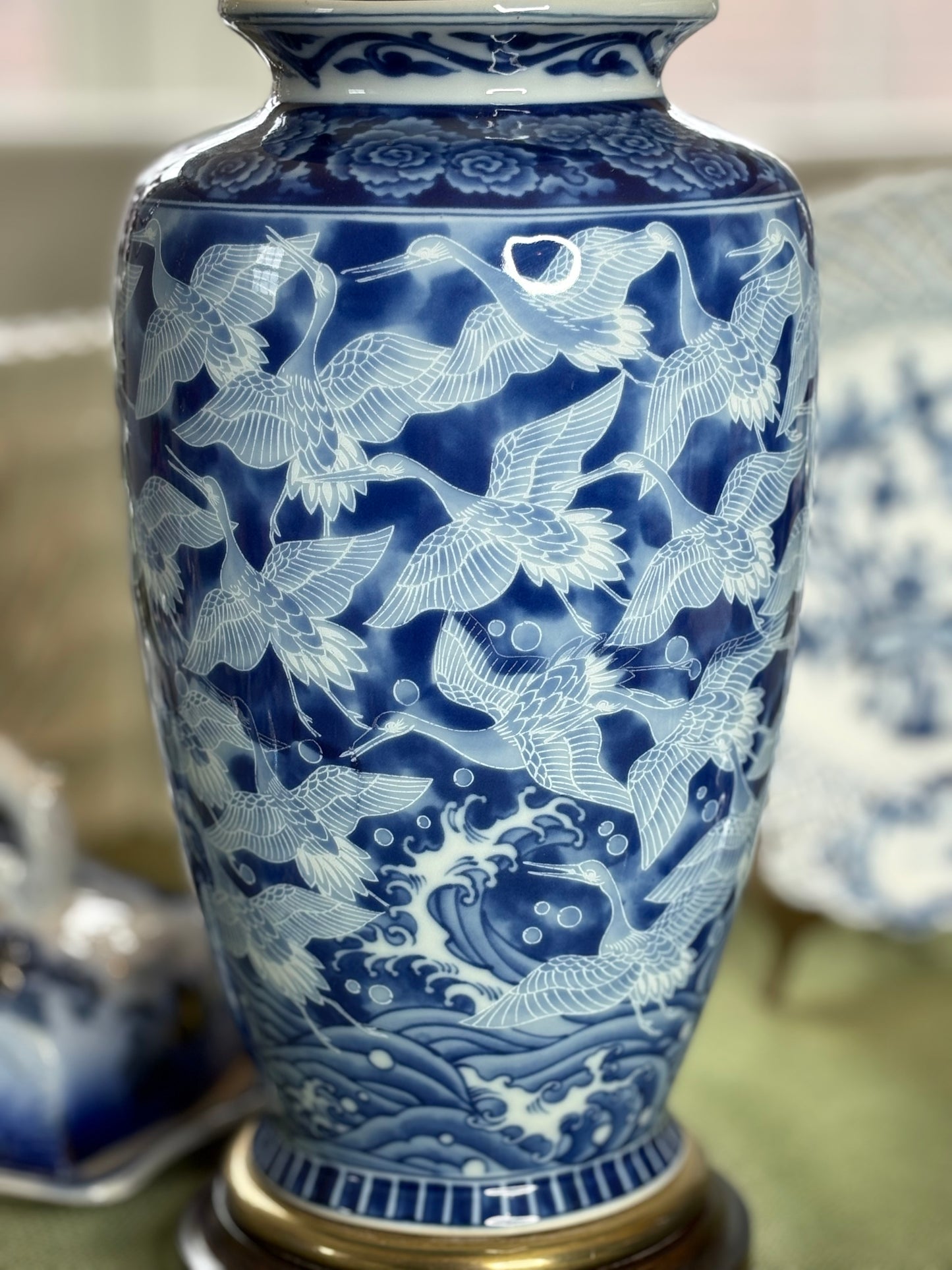 Reserved for Maria Pair of Frederick Cooper Blue & White Lamps featuring flying cranes