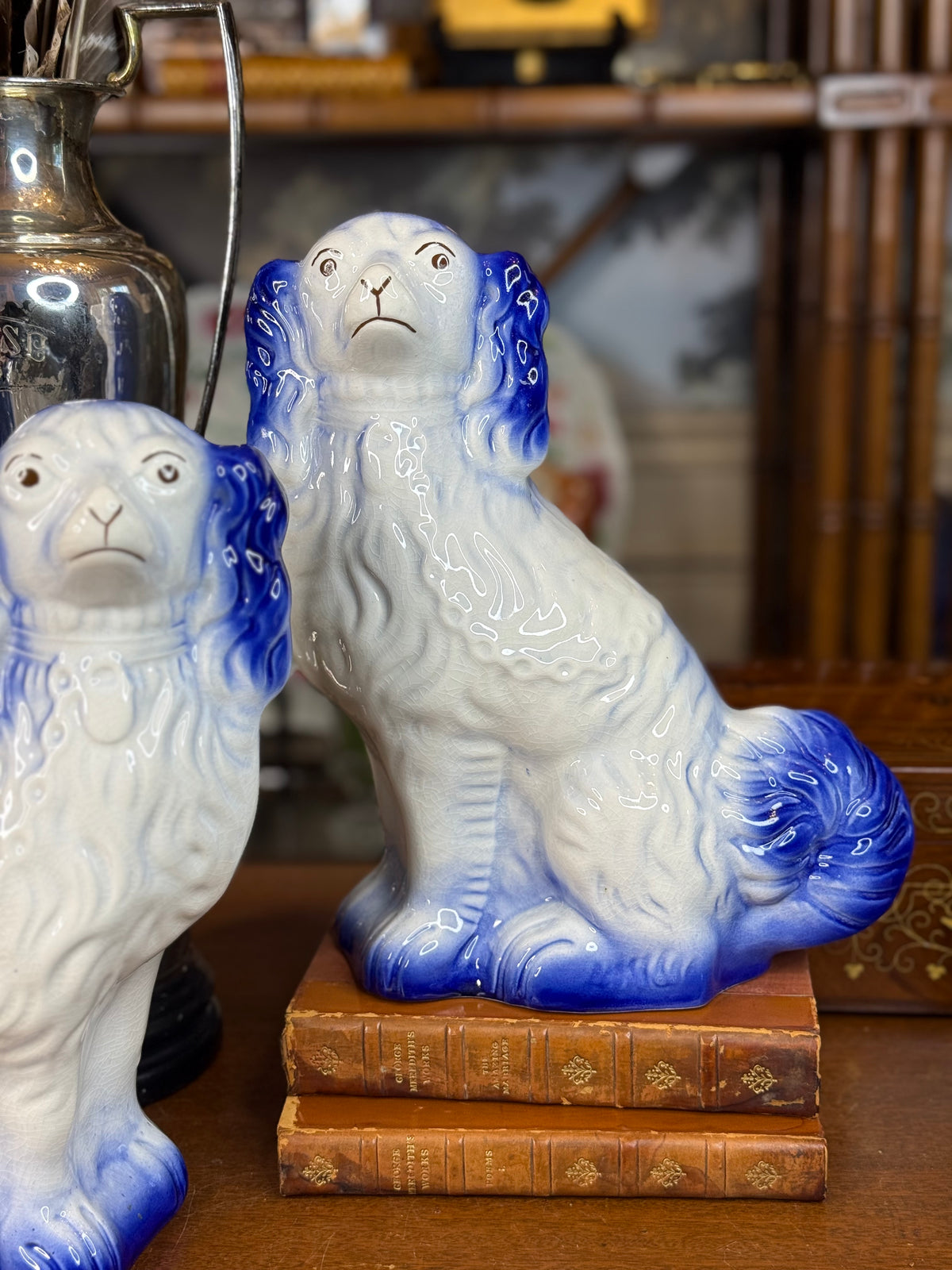 Pair of Vintage English Arthur Wood Staffordshire Spaniel Dogs, Cobalt Blue & White, c. 1930–1950 – 11.5”H
