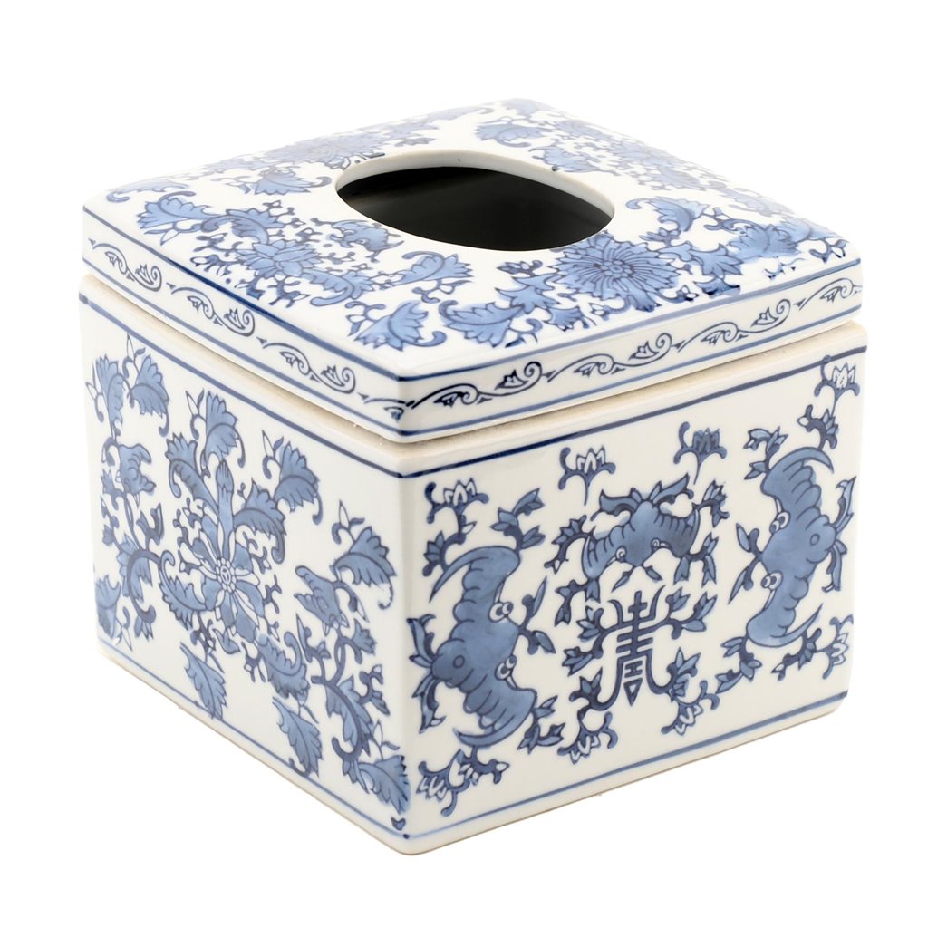 NEW Blue and White Porcelain Tissue Box, 6x6"