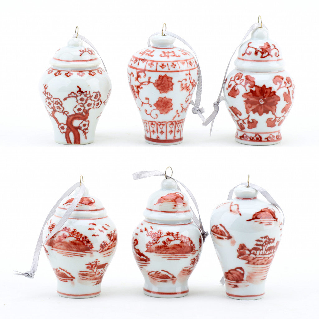 PRE-SALE (6) Rust & White Porcelain Ginger Jar Ornament Set, 2.5" Tall