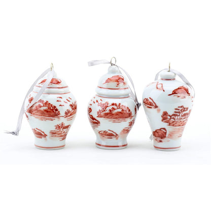 Danny’s Fine Porcelain - (6) Rust & White Porcelain Ginger Jar Ornament Set, 2.5" Tall.