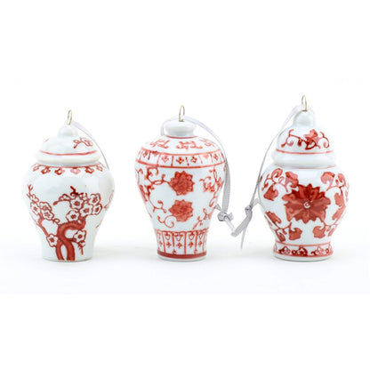 Danny’s Fine Porcelain - (6) Rust & White Porcelain Ginger Jar Ornament Set, 2.5" Tall.