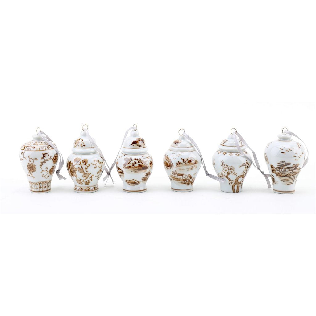 Danny’s Fine Porcelain (6) Beige & White Porcelain Ginger Jar Ornament Set, 2.5" Tall