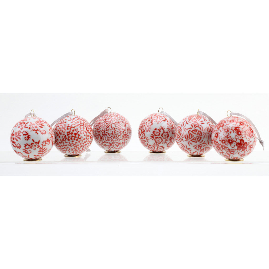 PRE SALE - Set (6) Red & White Chinoiserie Porcelain Ornaments, 2.5" Wide