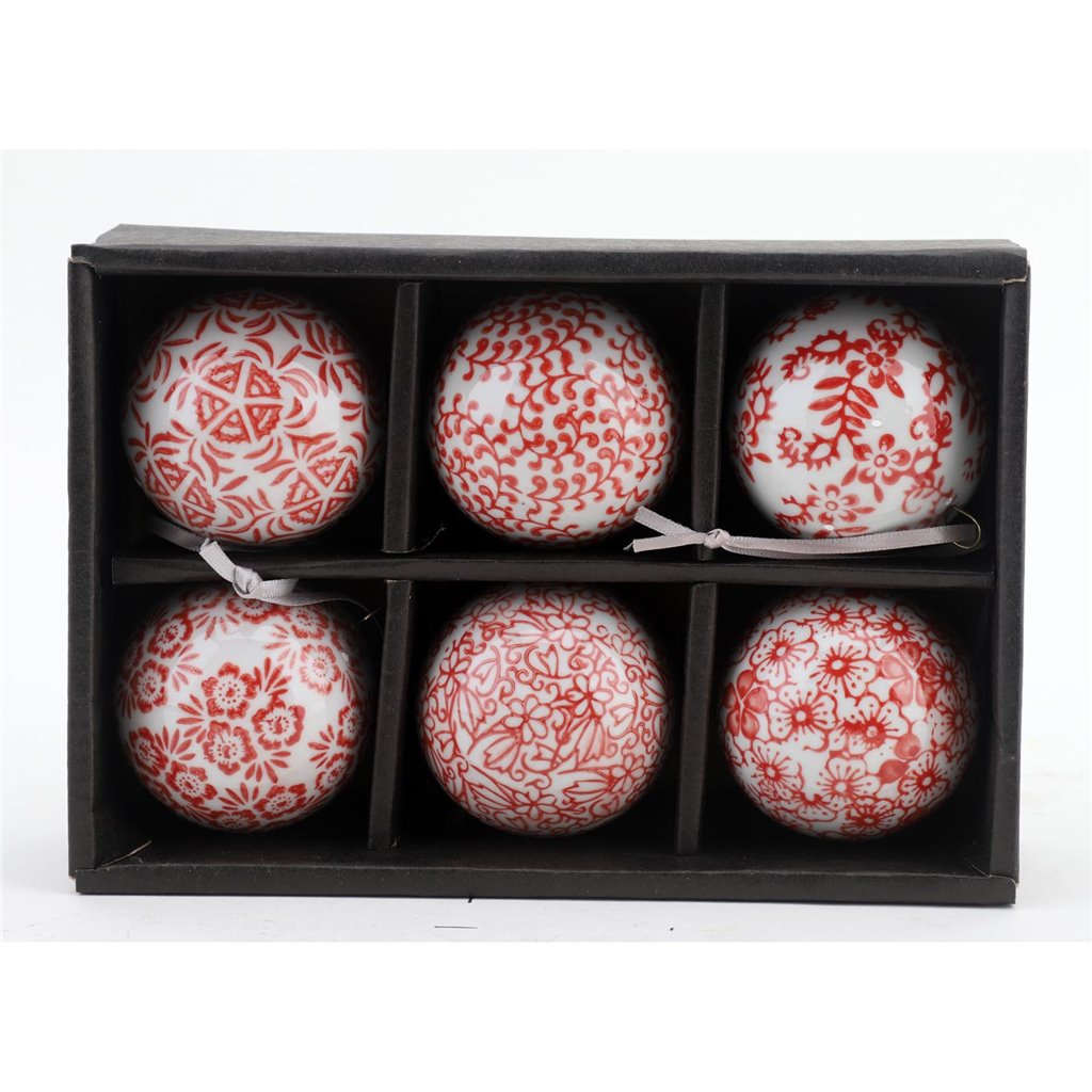 PRE SALE - Set (6) Red & White Chinoiserie Porcelain Ornaments, 2.5" Wide