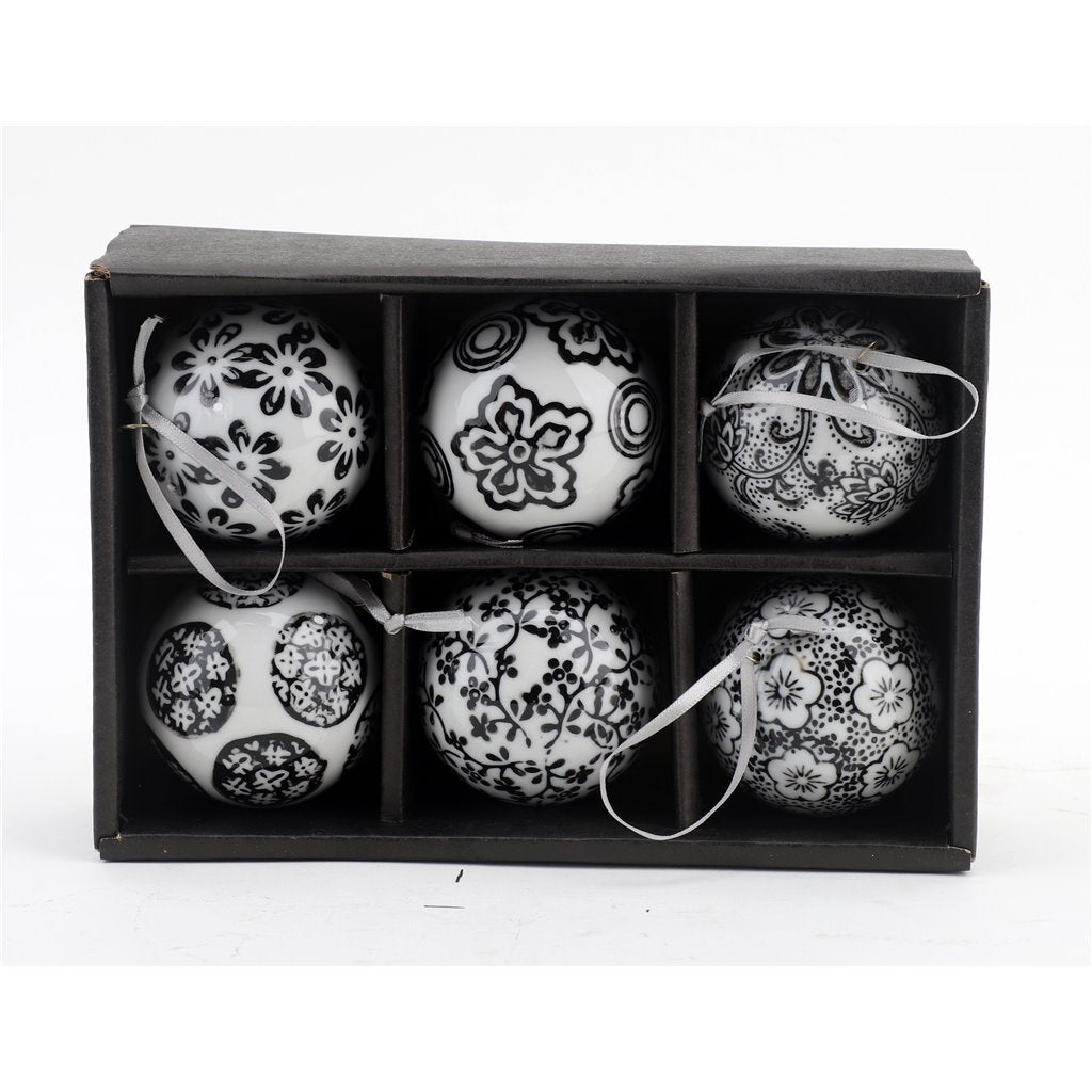 PRE SALE - Set (6) Black & White Chinoiserie Porcelain Ornaments, 2.5" Wide
