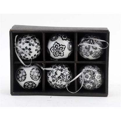 Danny’s Fine Porcelain - Set (6) Black & White Chinoiserie Porcelain Ornaments, 2.5" Wide