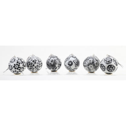 Danny’s Fine Porcelain - Set (6) Black & White Chinoiserie Porcelain Ornaments, 2.5" Wide