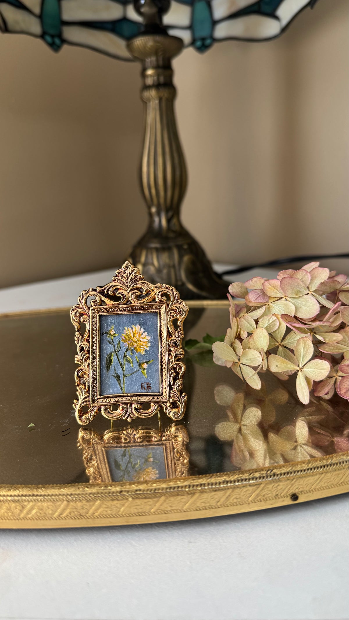 Day 14 yellow peony, original oil painting in miniature pewter frame