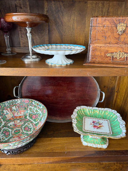 Vintage Rose Medallion 12” Large Hand Painted Punch Bowl with Wood Base Excellent Condition