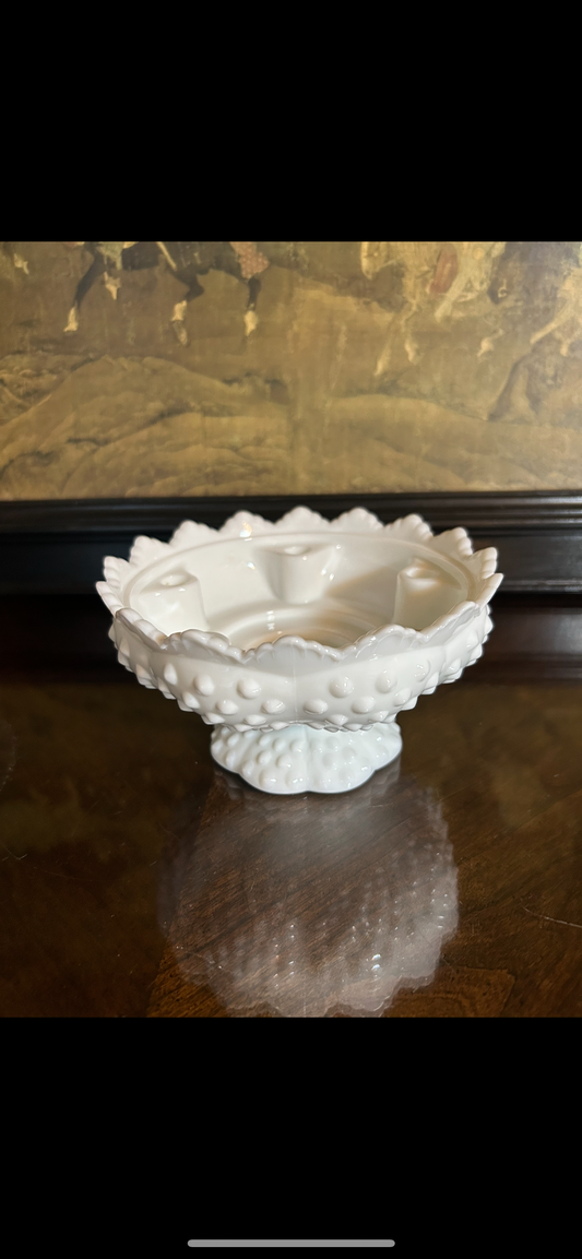 White Fenton Hobnail Candle Bowl, Pristine!  6.5”x3.5”