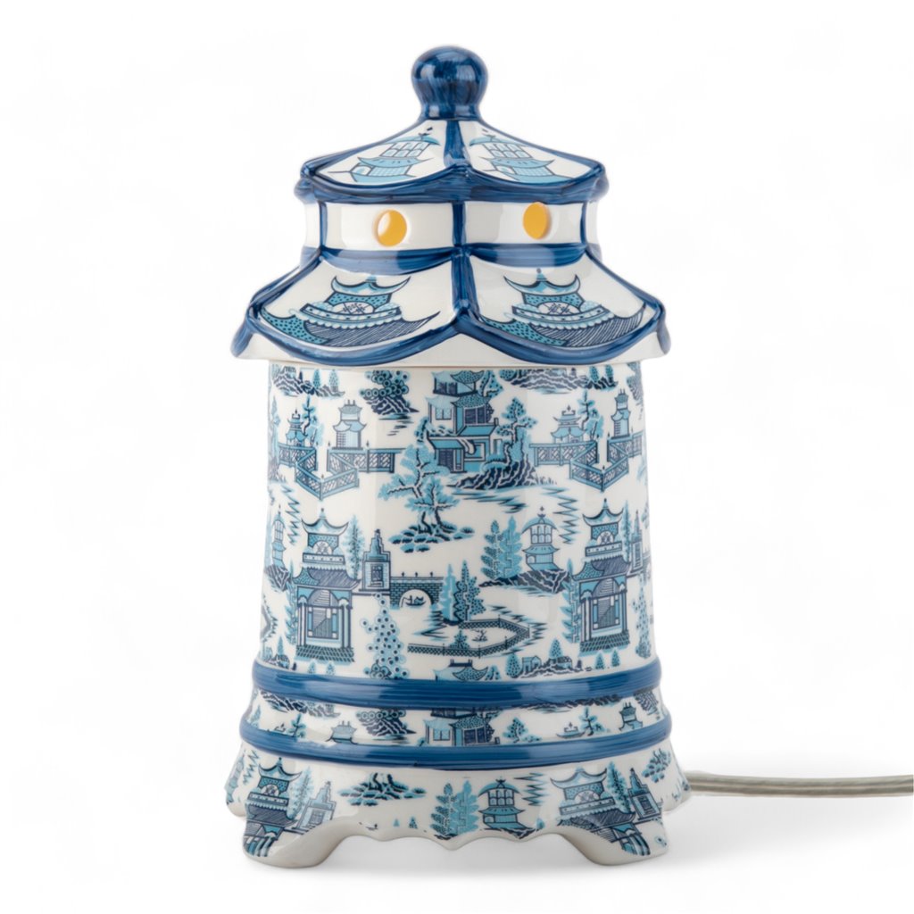 Danny’s Fine Porcelain: Blue & White Pagoda Lidded Lamp: 4.5L X 4.5W X 8H