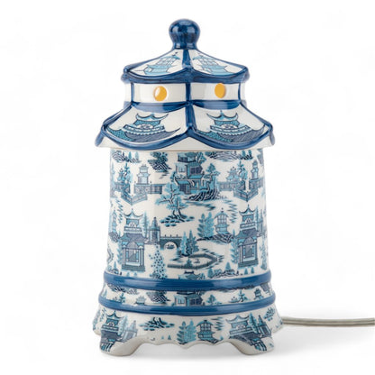 Danny’s Fine Porcelain: Blue & White Pagoda Lidded Lamp: 4.5L X 4.5W X 8H