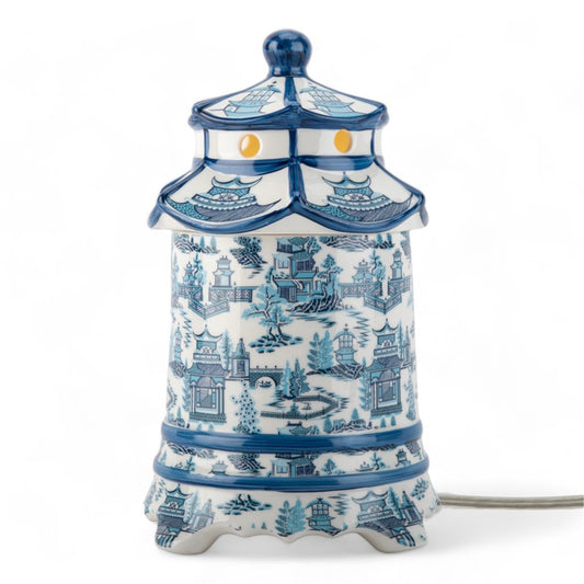 Danny’s Fine Porcelain: Blue & White Pagoda Lidded Lamp: 4.5L X 4.5W X 8H