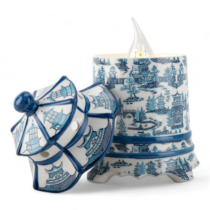 Danny’s Fine Porcelain: Blue & White Pagoda Lidded Lamp: 4.5L X 4.5W X 8H