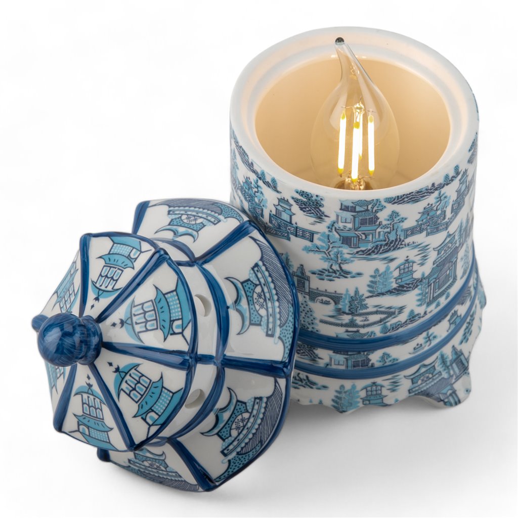 Danny’s Fine Porcelain: Blue & White Pagoda Lidded Lamp: 4.5L X 4.5W X 8H