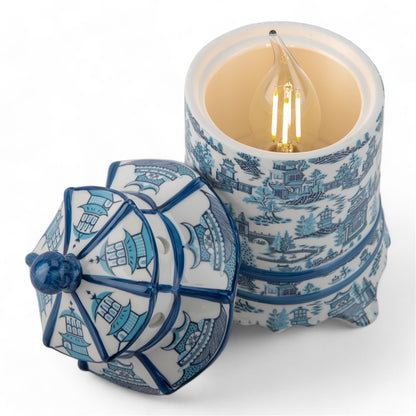Danny’s Fine Porcelain: Blue & White Pagoda Lidded Lamp: 4.5L X 4.5W X 8H