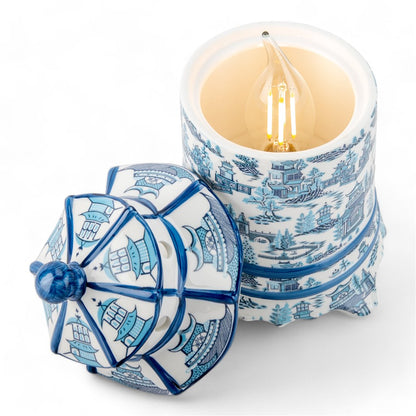 Danny’s Fine Porcelain: Blue & White Pagoda Lidded Lamp: 4.5L X 4.5W X 8H