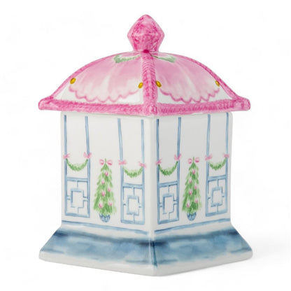 Danny’s Fine Porcelain: Blue & Pink Porcelain Bow Lidded Christmas Candle- 4L X 4W X 6H