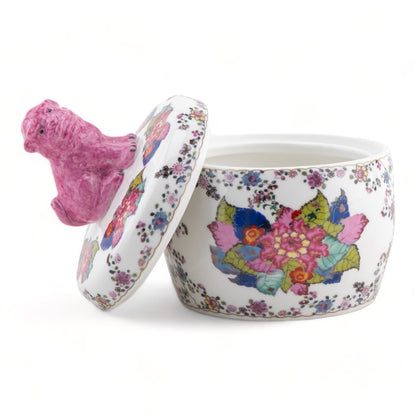 Danny’s Fine Porcelain - Tobacco Leaf Candle Pink Foo Dog Lidded Box