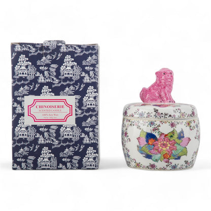Danny’s Fine Porcelain - Tobacco Leaf Candle Pink Foo Dog Lidded Box