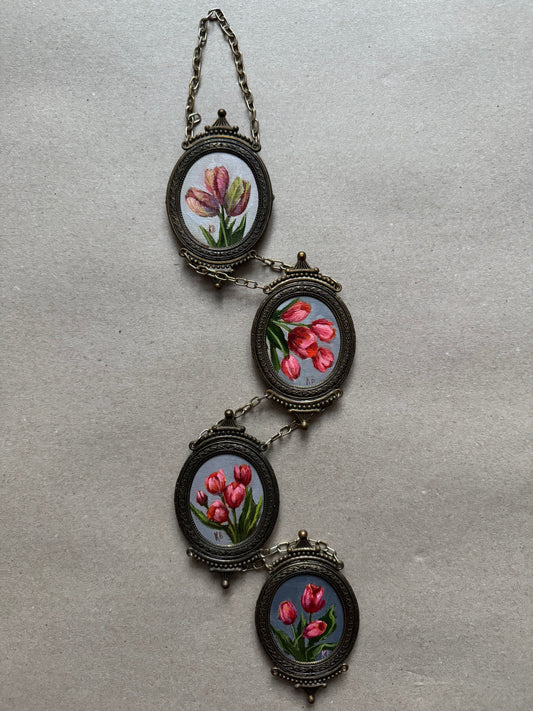 Pink tulips in 4 chain vintage brass frame