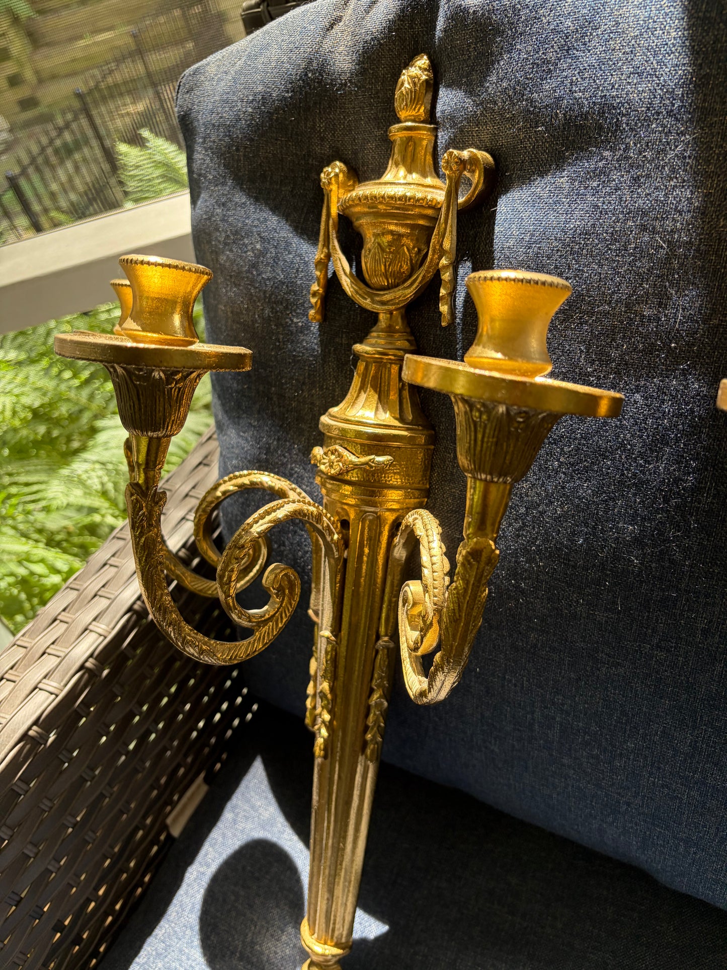 Stunning Louis XVI style ornate brass sconces pair with 3 arms!